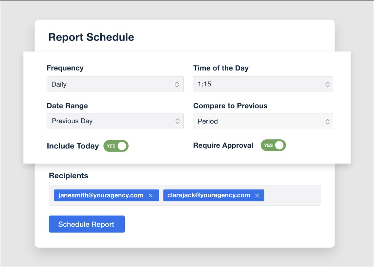 Real AgencyAnalytics report scheduling screen showing frequency, date range, comparison period, approval toggle, and recipient email fields