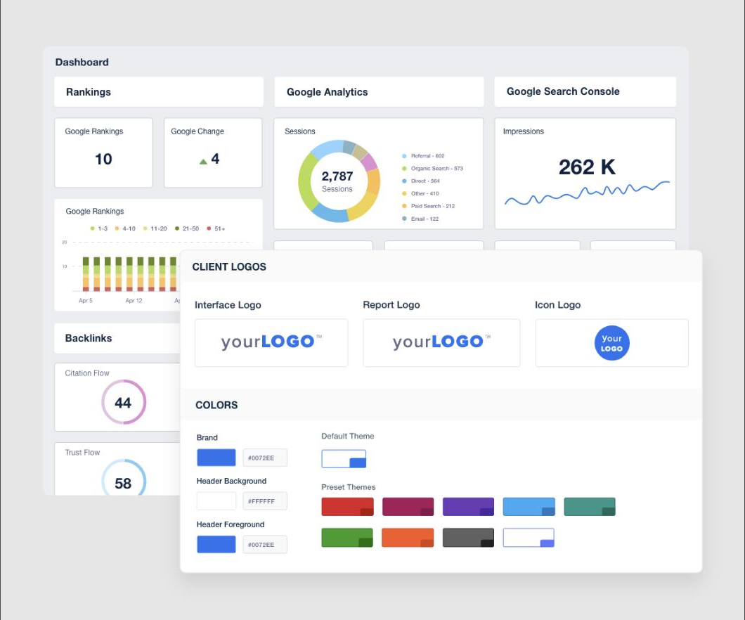 Real AgencyAnalytics white-label settings screen showing interface, report, and icon logo upload fields plus brand color and theme controls