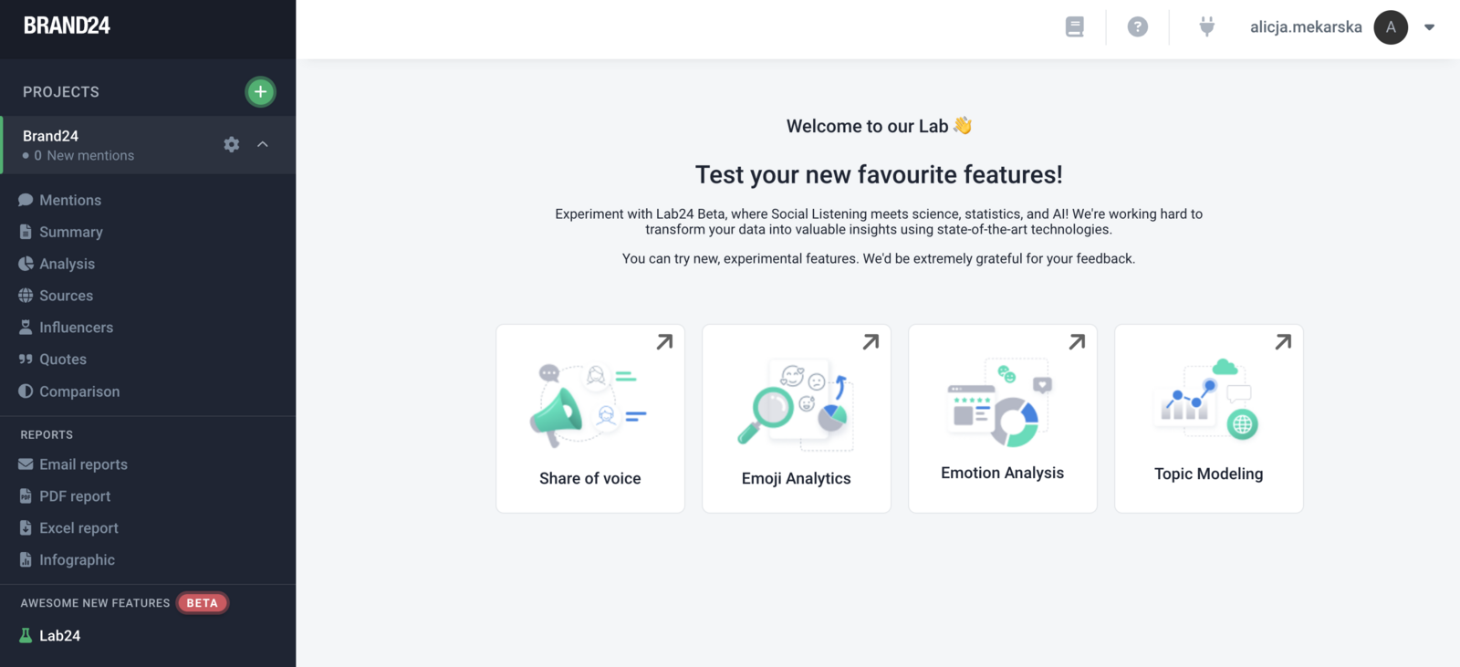 Brand24's Lab24 beta section, listing four experimental tools: Share of Voice, Emoji Analytics, Emotion Analysis and Topic Modeling