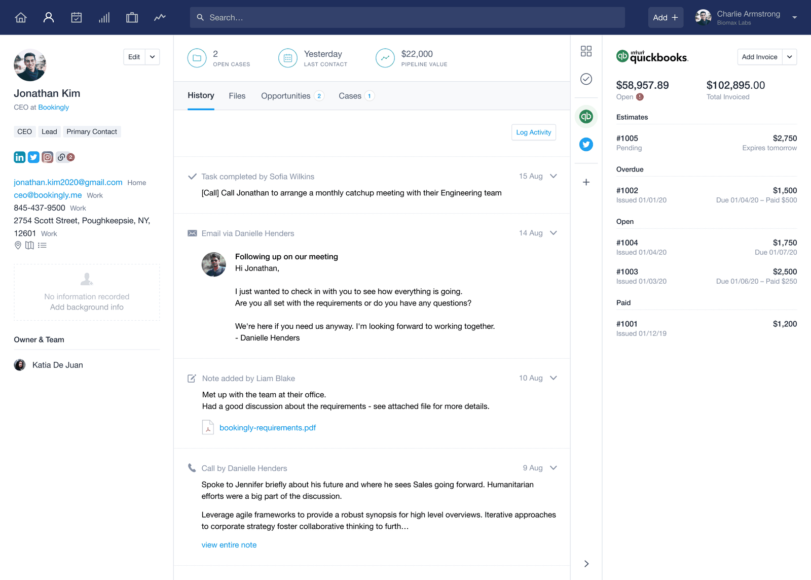 Capsule CRM contact record for a sample contact, with tags, email addresses and phone number on the left, a History tab listing a completed task, an email, a note with a PDF attachment and a call, and a QuickBooks panel on the right showing estimates, overdue, open and paid invoices