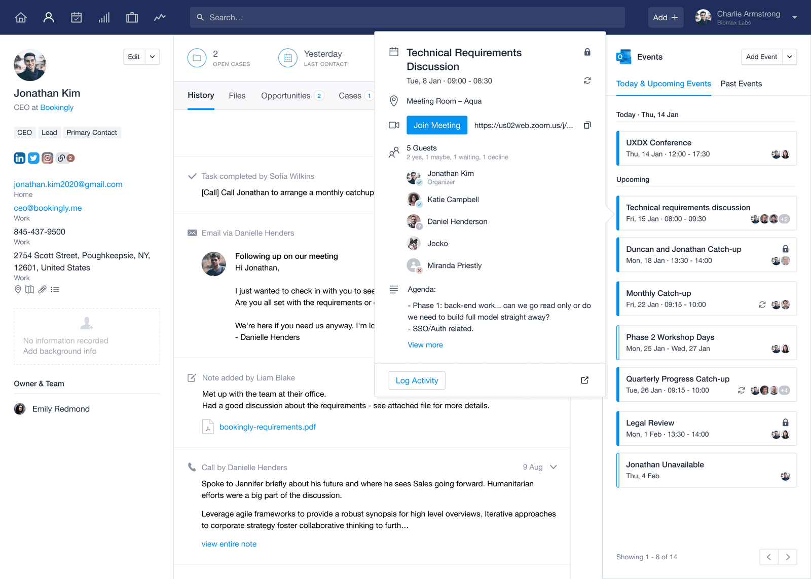 Capsule CRM contact record with an Outlook Events panel listing today and upcoming meetings, and an open event card showing the meeting time, room, a Join Meeting link, five guests with their responses, and the agenda