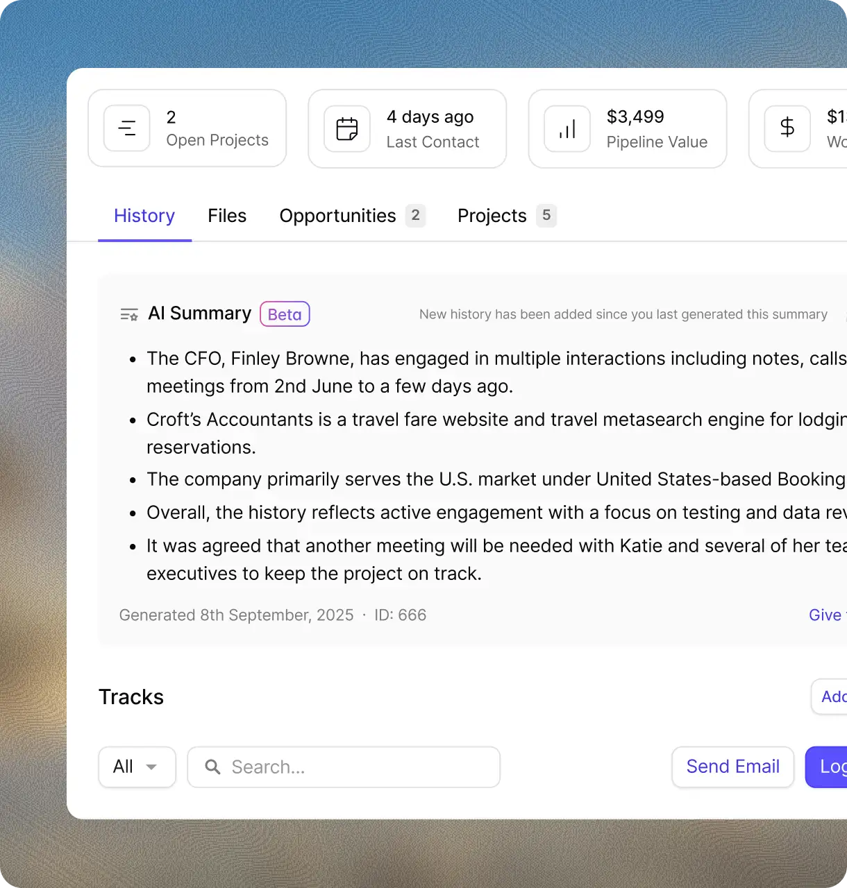 Capsule CRM's AI Summaries feature: a contact profile panel showing a bulleted AI-generated summary of recent notes, calls, and meetings, alongside quick metrics for open projects, last contact, and pipeline value.