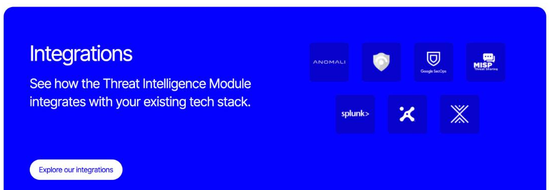 Recorded Future Threat Intelligence module page, Integrations panel showing Anomali, Google SecOps, MISP and Splunk among the connected tools