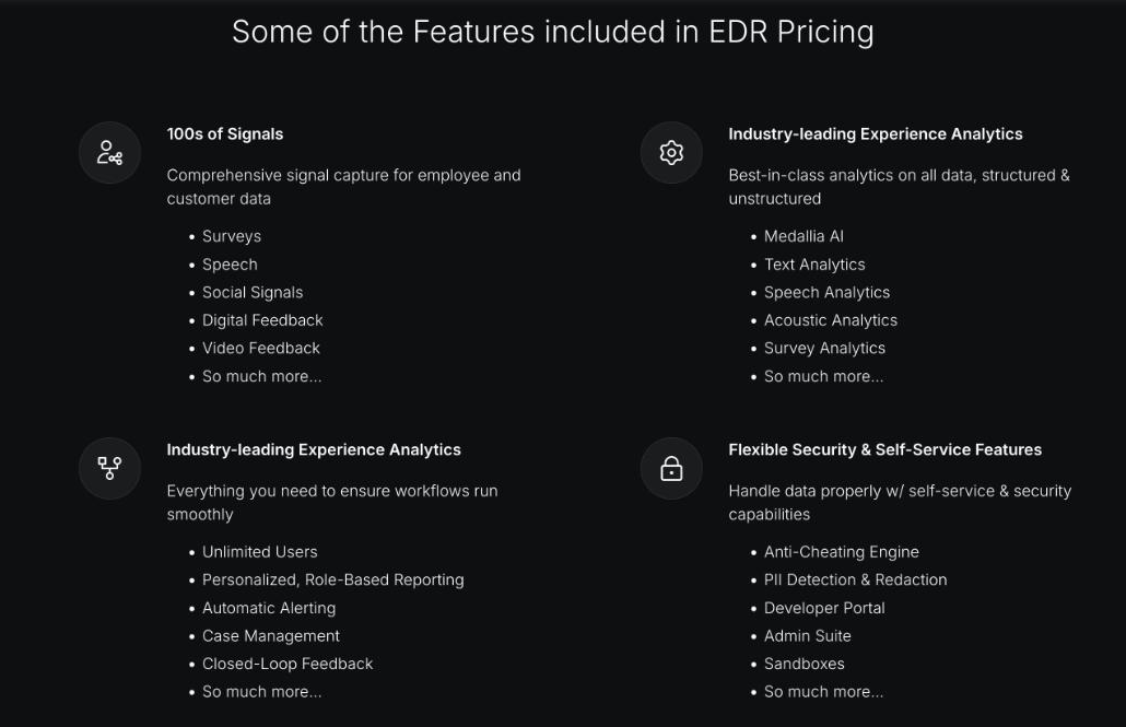 Medallia pricing page listing features included in Experience Data Record pricing: signals, experience analytics, workflow features and security and self-service features