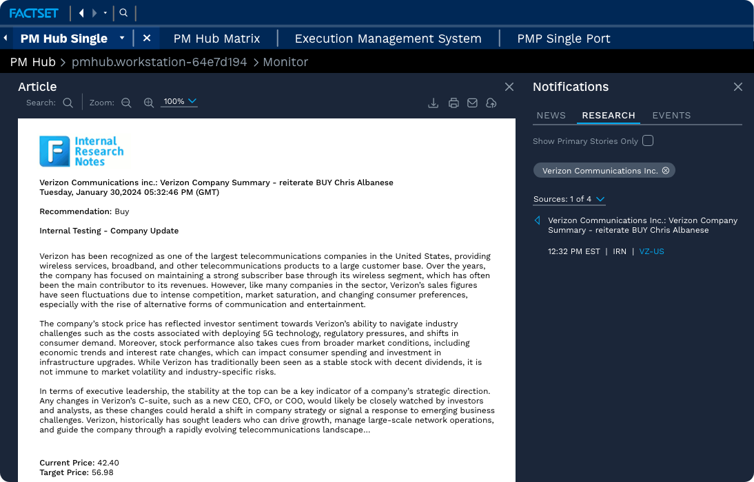 FactSet Internal Research Notes: an analyst's Verizon company summary with a Buy recommendation, current price 42.40 and target price 56.98, beside a notifications panel filtered to research on that ticker