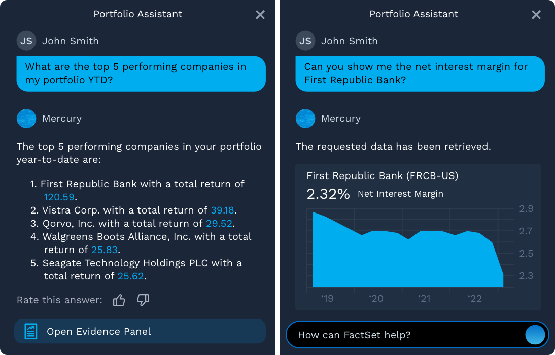 FactSet's Portfolio Assistant answering two questions in chat: the top five performing holdings year to date with total returns, and First Republic Bank's 2.32 percent net interest margin plotted from 2019 to 2022