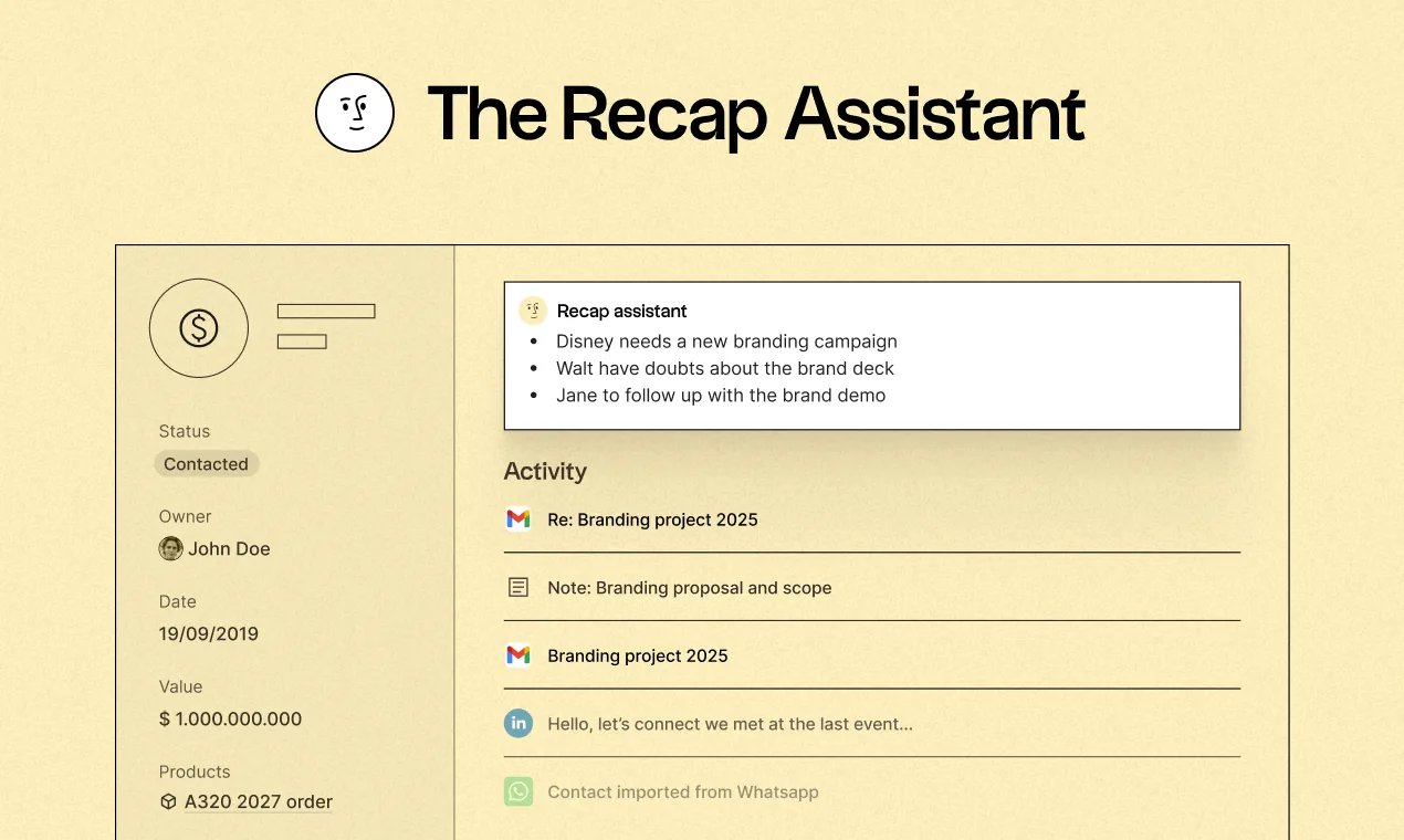 Folk's Recap Assistant summarizing a deal into three bullet points above the record's Activity log