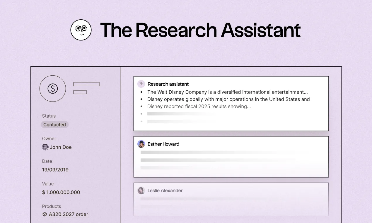 Folk's Research Assistant generating a bulleted company research note above the record's other logged activity