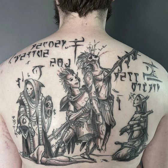 Back tattoo of the Foul Murder scene from Morrowind, with Daedric script