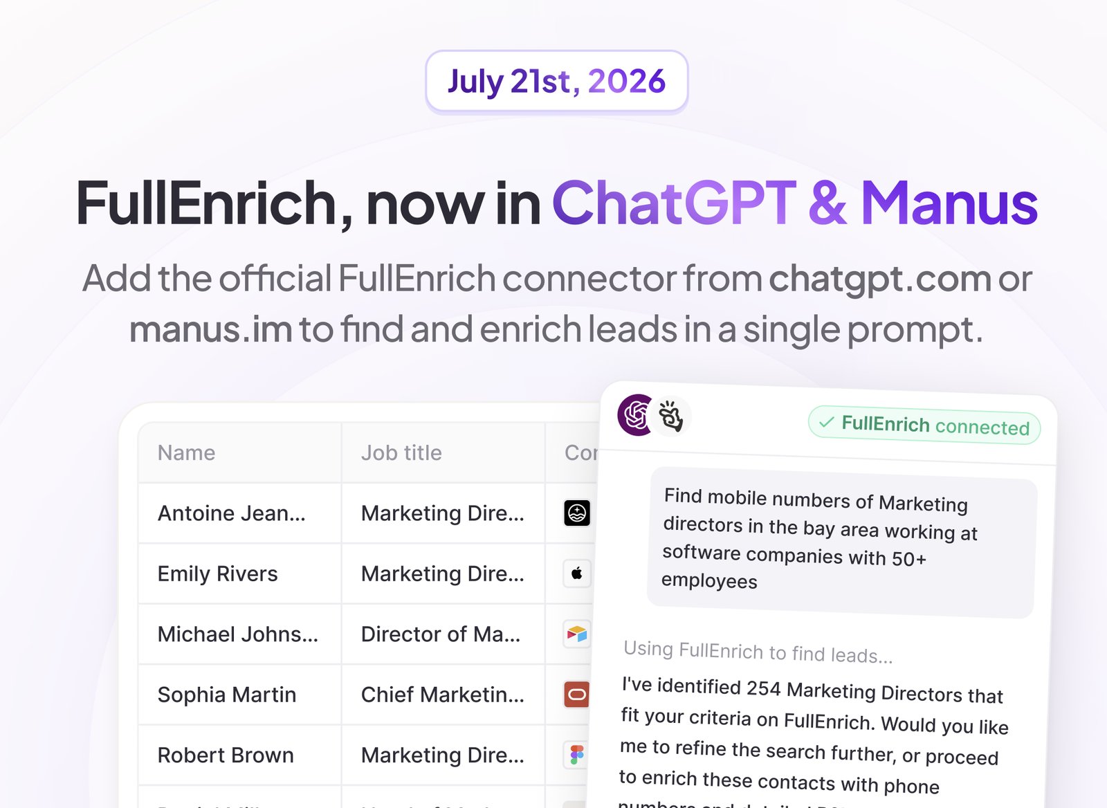 FullEnrich changelog card dated July 21st 2026 titled FullEnrich, now in ChatGPT & Manus, with an example prompt for the connector asking it to find and enrich contacts