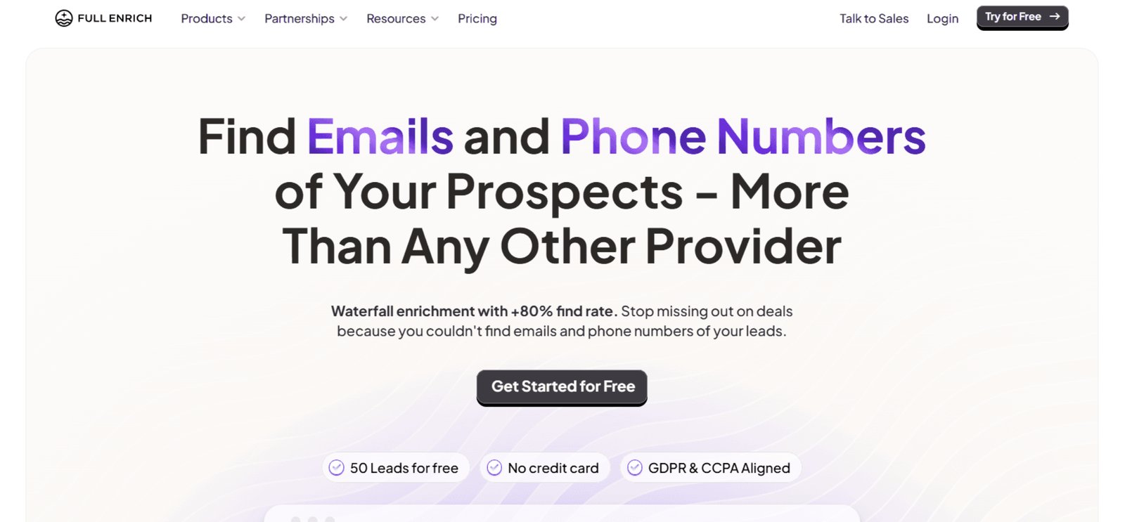 FullEnrich homepage hero with the headline Waterfall enrichment with +80% find rate, a Start for free button and three badges for 50 free leads, card-free signup and GDPR & CCPA compliance