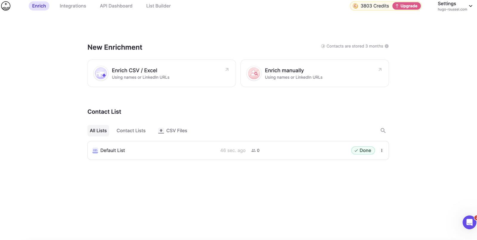 FullEnrich New Enrichment screen with two options, Enrich CSV/Excel and Enrich manually, a note reading Contacts are stored 3 months, and a credit balance of 3803 in the header