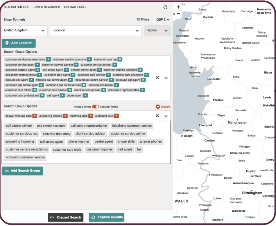 Horsefly Analytics search builder screen showing a grouped keyword search for customer service roles plotted on a map of northwest England