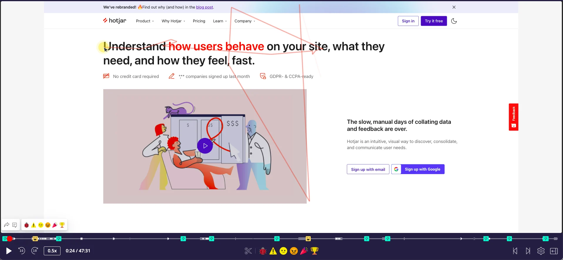 The Hotjar session recording player replaying a visit, with the visitor's mouse movement drawn as a trail across the page, a 0:24 of 47:31 timeline marked with interaction events, and playback running at 0.5x speed
