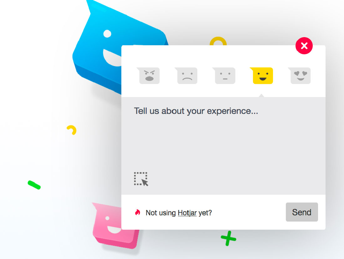 A Hotjar feedback widget overlaid on a page, offering a five-point emoji sentiment scale from angry to delighted above a free-text box reading tell us about your experience, with a send button