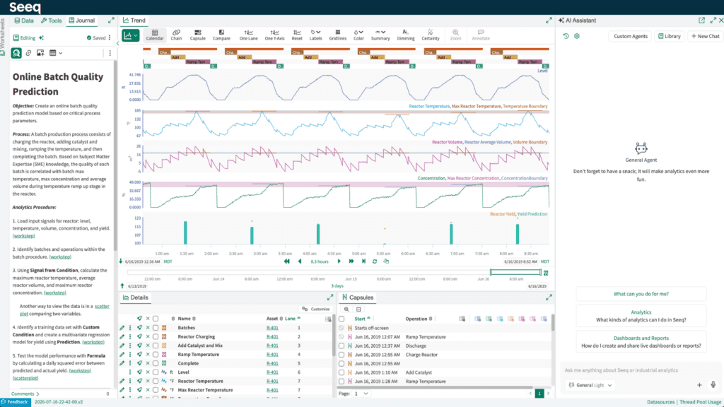 Seeq workbench screenshot showing an online batch quality prediction analysis with stacked temperature and concentration trends, a capsules table of batch events and an AI assistant panel
