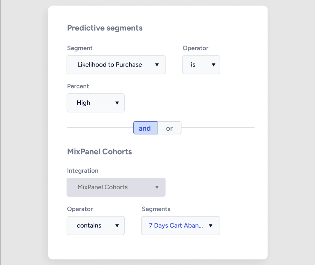 Screenshot of Insider's predictive segment builder, combining a Likelihood to Purchase rule with a MixPanel Cohorts integration filter
