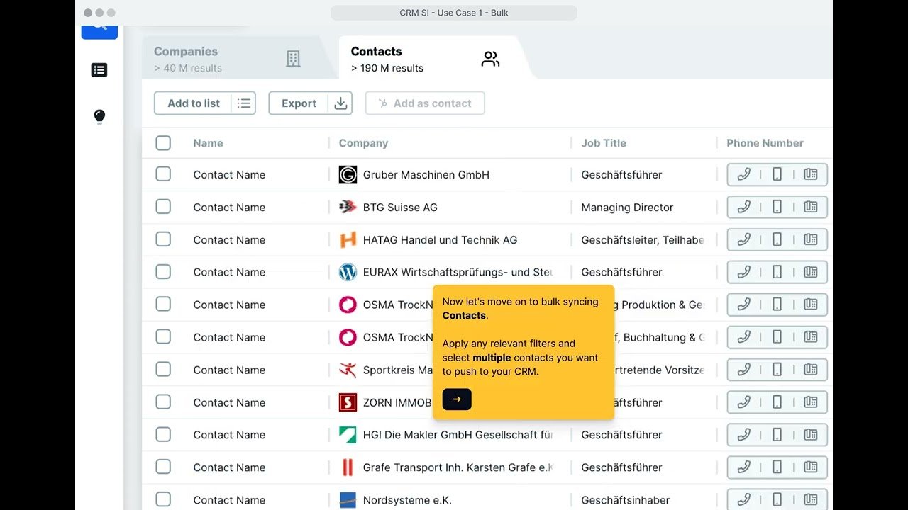 Contacts tab of the Companies database showing more than 190 M results, with Add to list, Export and Add as contact buttons, rows of German companies such as Gruber Maschinen GmbH and BTG Suisse AG with job titles and phone icons, and a yellow walkthrough tooltip about bulk syncing contacts to a CRM