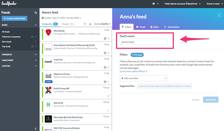 Custom feed creation panel titled Anna's feed in the classic Leadfeeder app, with Filters, Email, Slack and Automation tabs, a Feed's name field, a Filters count of 7795 leads, an Add a new filter dropdown and a suggested filter for leads from the United Kingdom