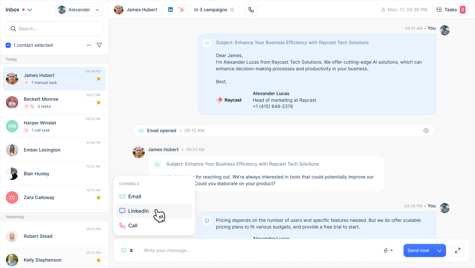 lemlist unified inbox showing a single lead's conversation thread with an opened-email event and a channel switcher offering email, LinkedIn or call for the next reply