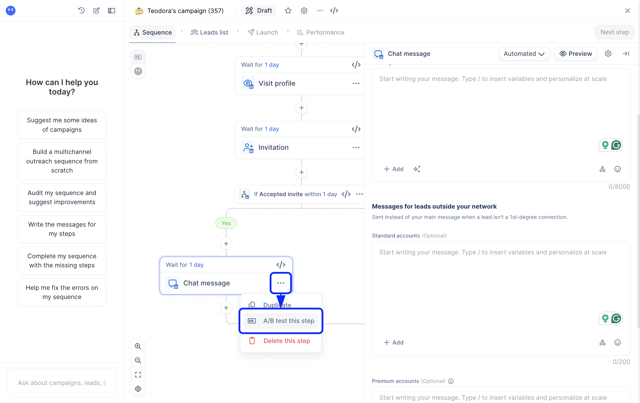 lemlist multichannel sequence builder showing email, LinkedIn, and call steps chained in one campaign flow with conditioned next steps