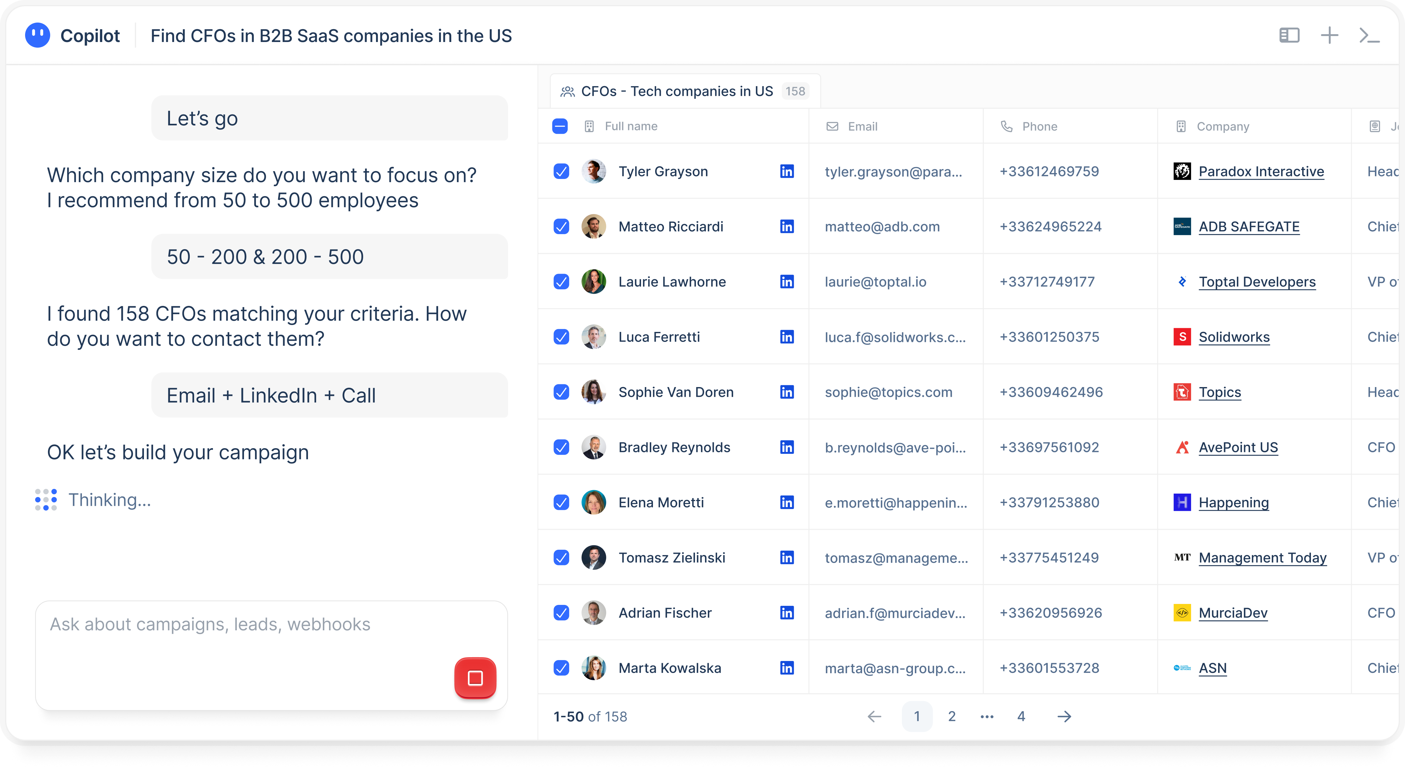 lemlist lemAgent chat interface building a campaign lead list, sequence, and message copy from a typed prompt