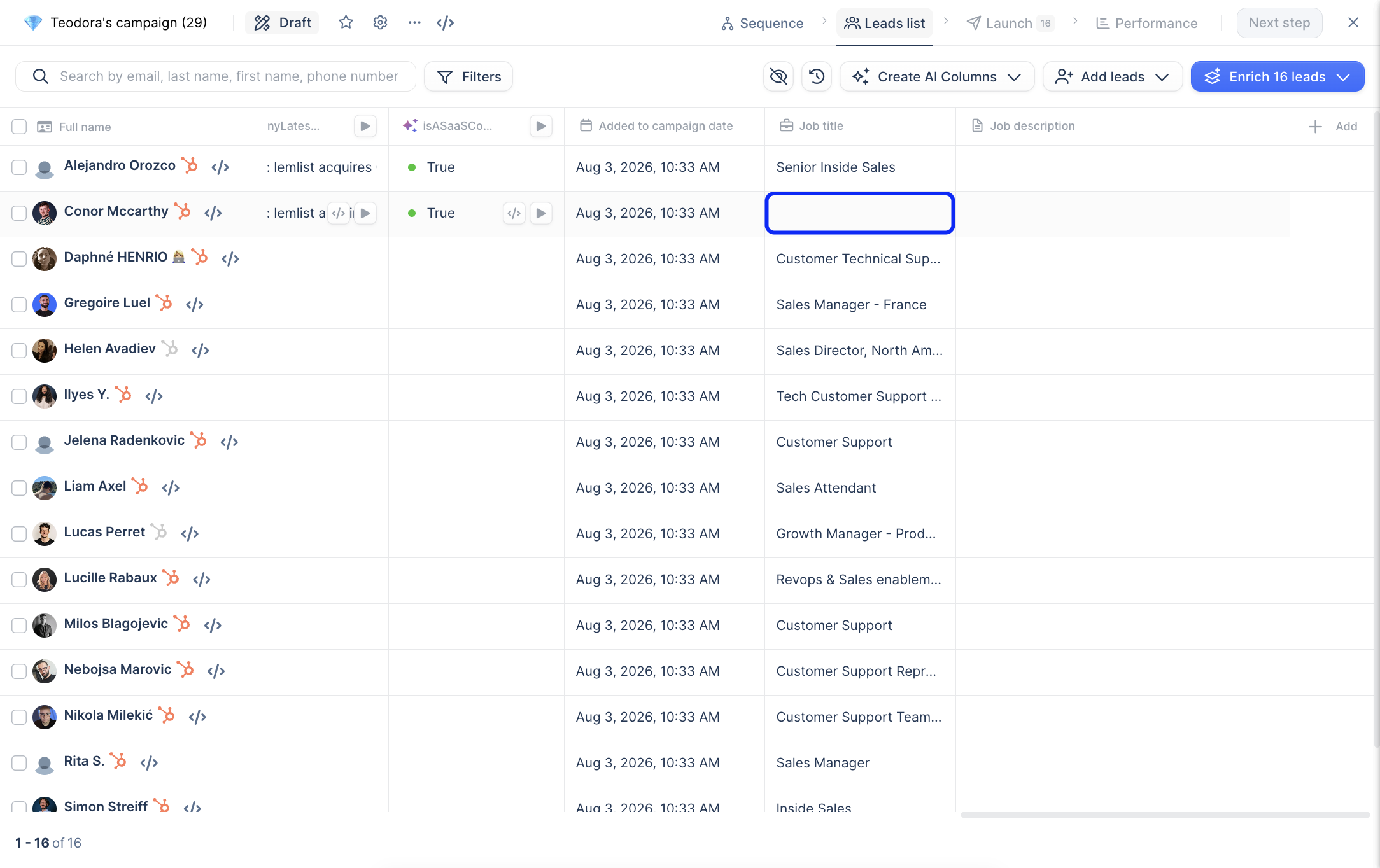 lemlist campaign leads list showing enriched contacts with AI-generated columns, job titles and an Enrich leads button