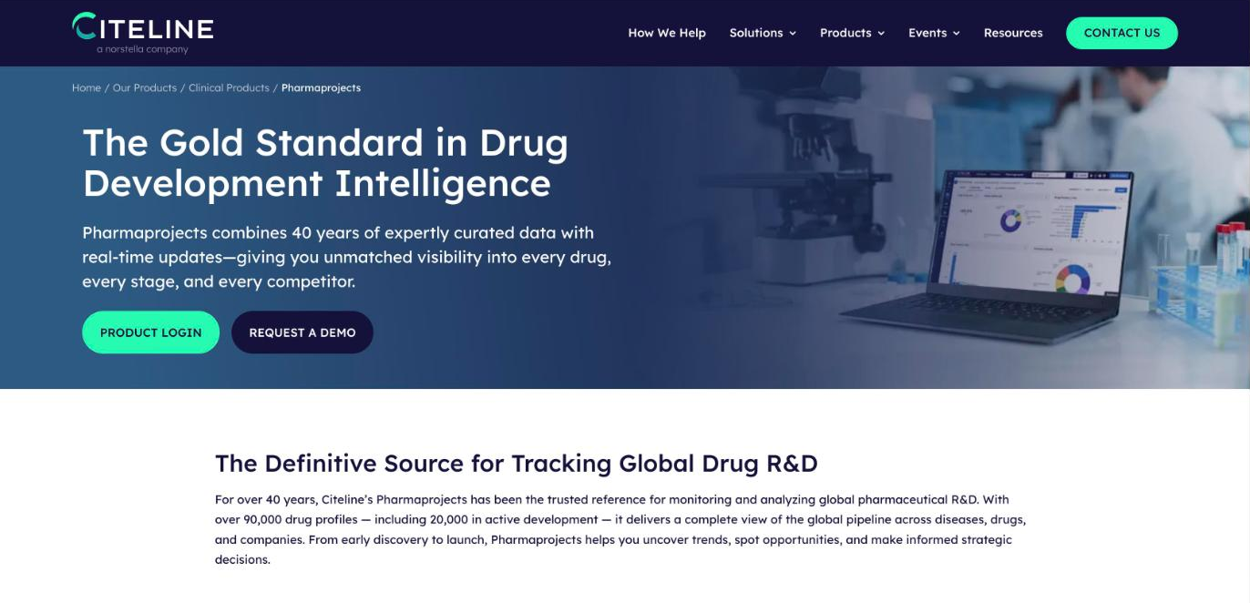 Citeline Pharmaprojects page stating 40 years of curated data and over 90,000 drug profiles, including 20,000 in active development