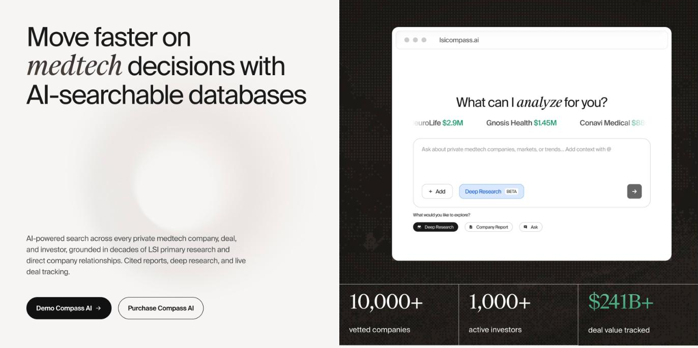 LSI Compass AI page showing 10,000+ vetted companies, 1,000+ active investors and $241B+ in deal value tracked
