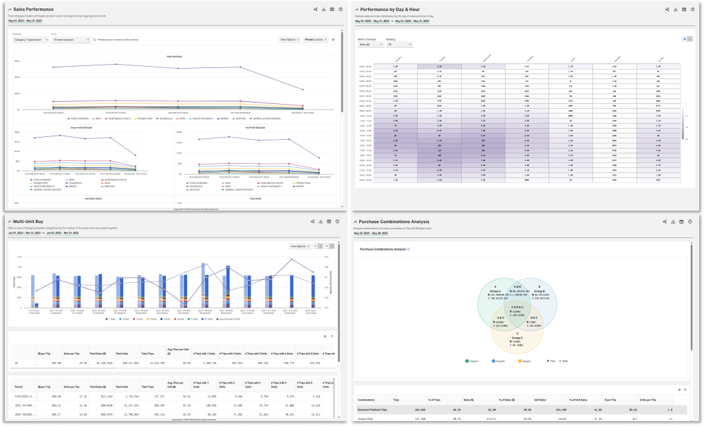 NielsenIQ retail analytics dashboards showing sales performance, day and hour analysis, and purchase combinations