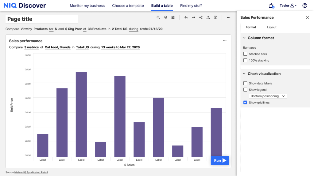 NielsenIQ report view with formatting panel open