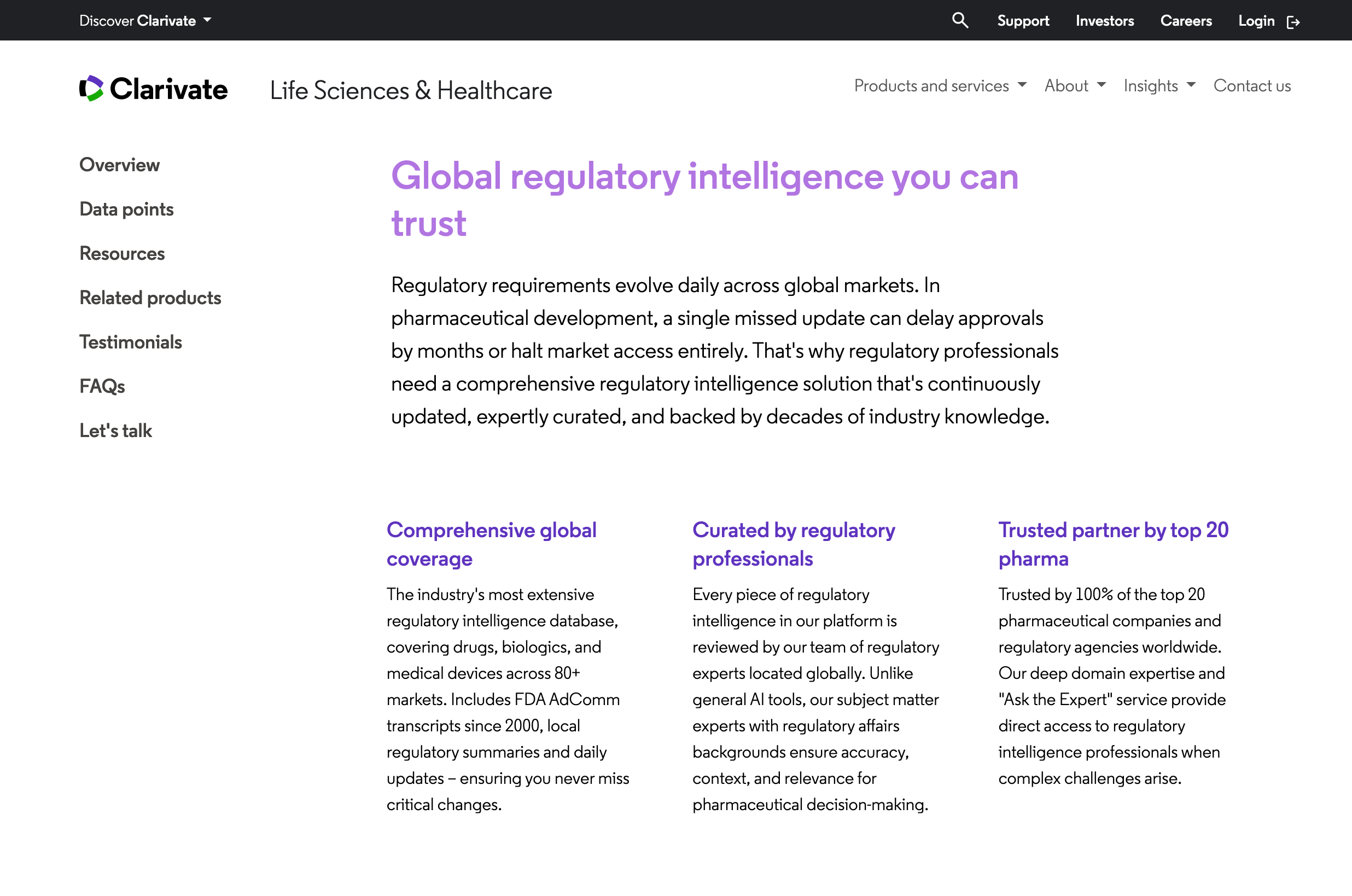 Clarivate’s Cortellis Regulatory Intelligence product page: coverage of drugs, biologics and medical devices across 80+ markets, FDA AdComm transcripts since 2000, and trusted by 100% of the top 20 pharmaceutical companies