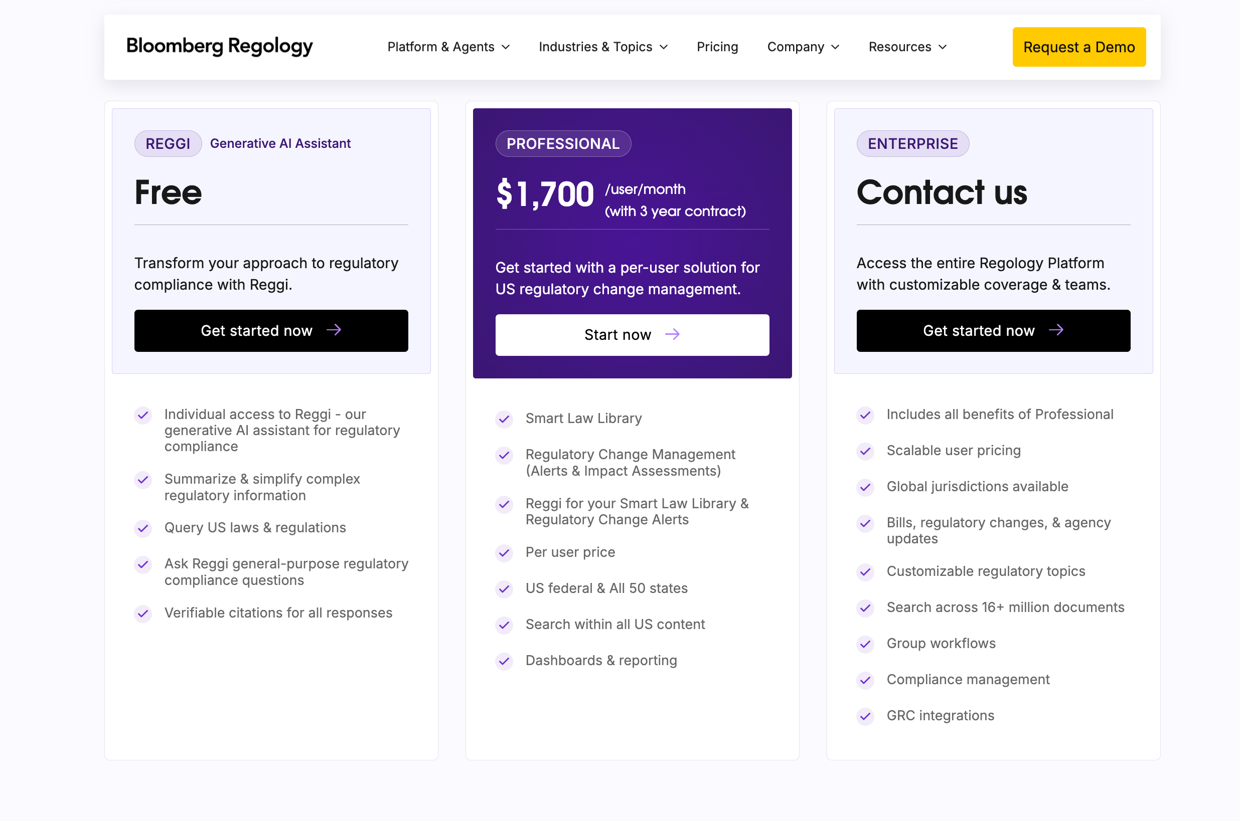 Bloomberg Regology pricing page: Reggi generative AI assistant free, Professional at $1,700 per user per month with a 3-year contract covering US federal and all 50 states, and Enterprise on a contact-us basis with search across 16+ million documents