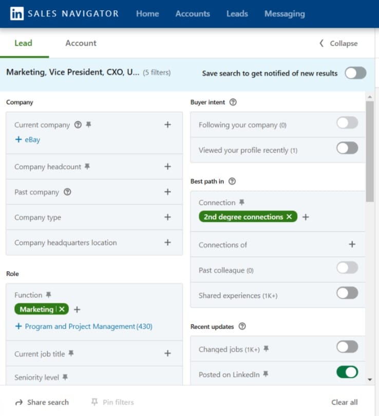 The Sales Navigator filter panel with five filters applied: company headcount and type, marketing function, seniority, second-degree connections, plus buyer intent toggles for following your company and viewing your profile, and recent-update filters for job changes and LinkedIn posts