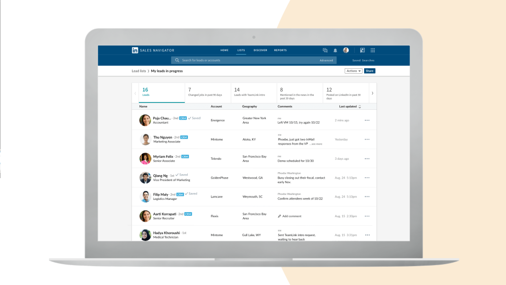 A Sales Navigator lead list rendered on a laptop, each row carrying a CRM badge showing the record already exists in the connected CRM, alongside notes and last-updated timestamps