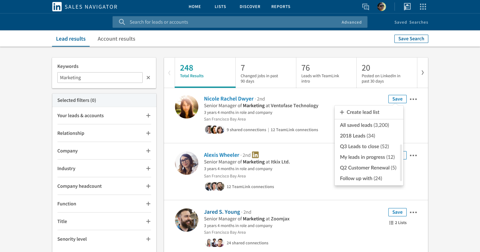 A Sales Navigator lead results page returning 248 results, with counters for 7 who changed jobs in the past 90 days, 76 reachable through TeamLink and 20 who posted on LinkedIn in the past 30 days, and a save-to-list menu open