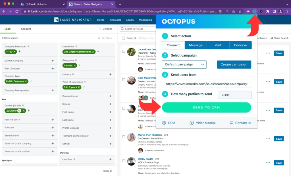 A third-party browser extension overlaying a Sales Navigator search, offering to connect, message or endorse 2,500 profiles and push them to a CRM, the kind of workaround the export restriction encourages