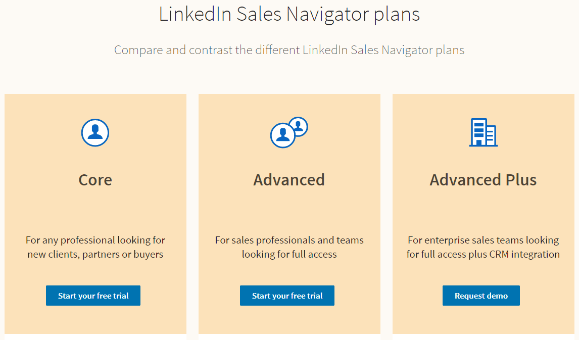 LinkedIn's own plan comparison page: Core for any professional looking for new clients, Advanced for sales professionals and teams wanting full access, and Advanced Plus for enterprise teams needing CRM integration