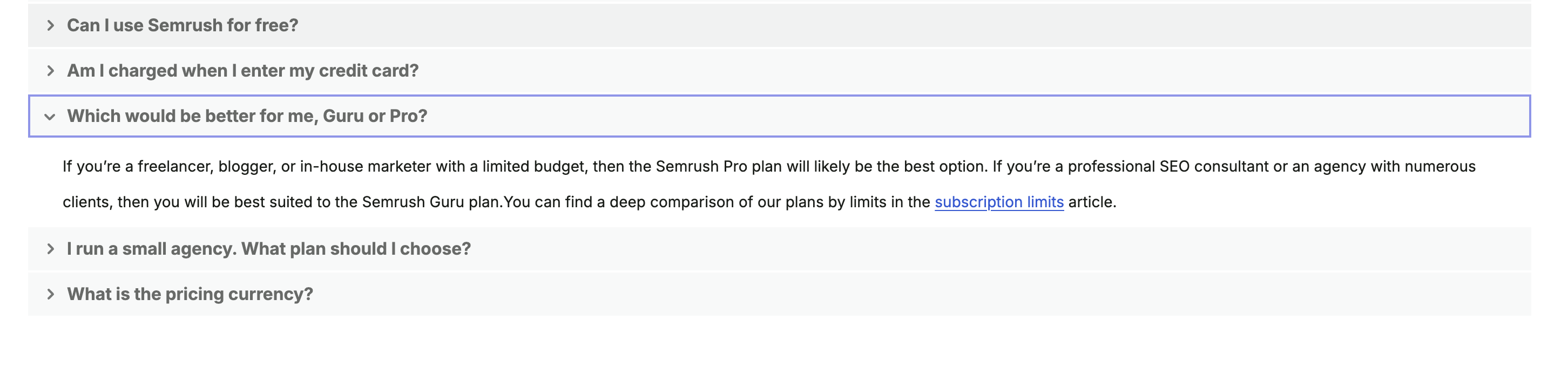 Semrush pricing page FAQ answering "Which would be better for me, Guru or Pro?" by recommending the Semrush Pro and Semrush Guru plans, neither of which appears in the tier list above it