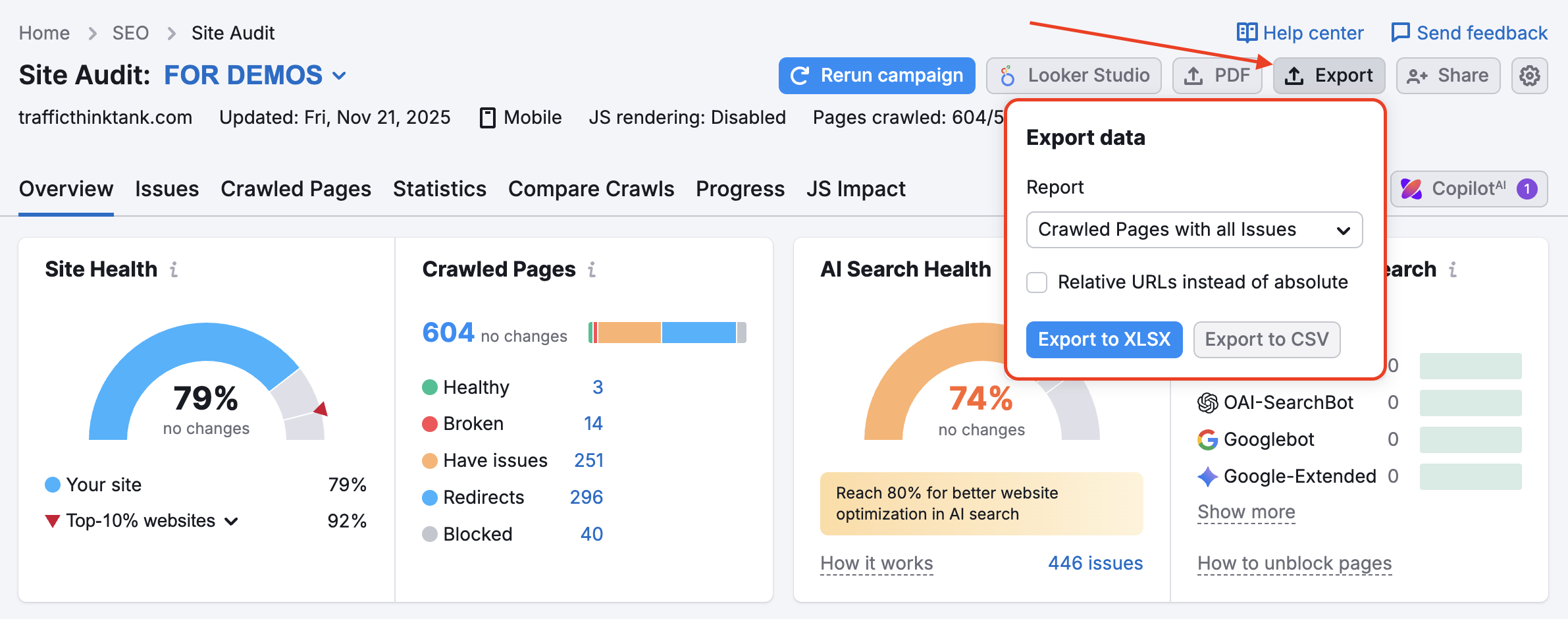 Semrush Site Audit overview with Site Health score, crawled pages breakdown, AI Search Health gauge, and export options