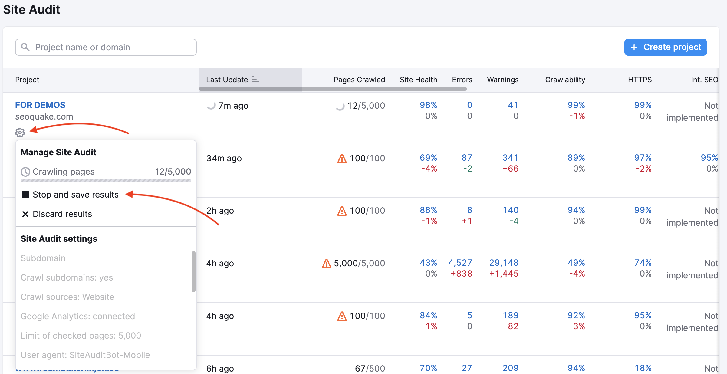 Semrush Site Audit project list showing crawls, site health, and errors across several projects