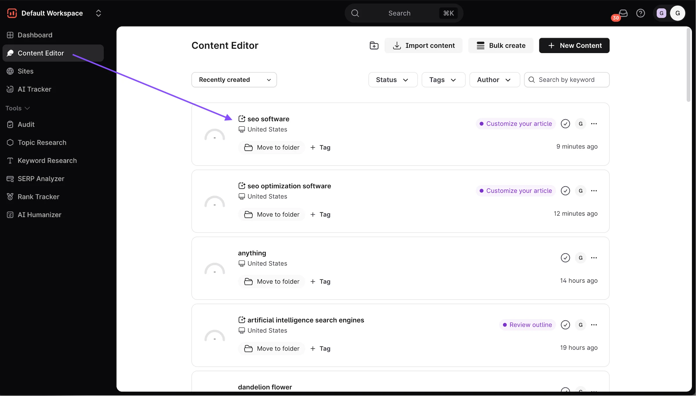 Surfer's Content Editor list showing recently created documents for keywords including seo software and artificial intelligence search engines, with New Content, Bulk create and Import content options