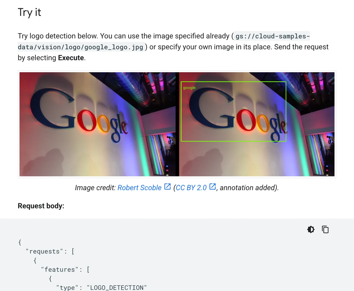 Google Cloud Vision logo detection documentation, Try it section: the same photo of a Google sign shown twice, the right copy with a green bounding box labeled google, above a request body with the type LOGO_DETECTION