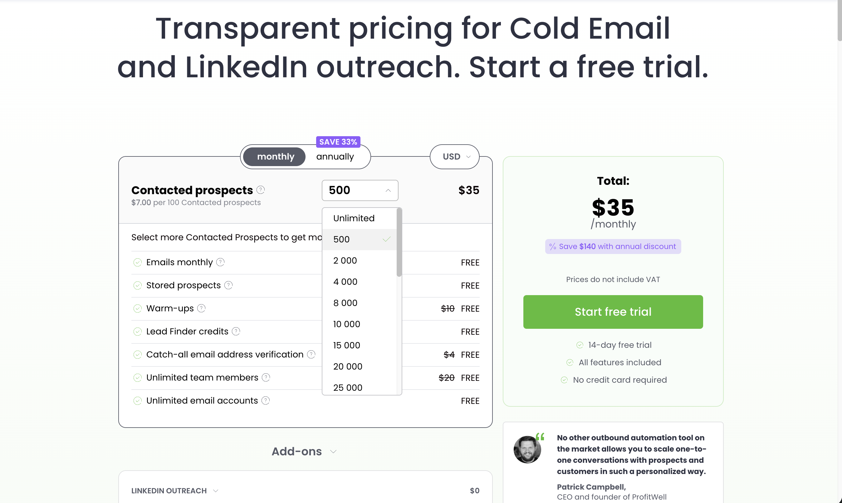 Woodpecker's pricing calculator set to 500 contacted prospects at $35 a month, with monthly emails, stored prospects, warm-ups, Lead Finder credits, catch-all verification, unlimited team members and unlimited email accounts all marked free at that usage level