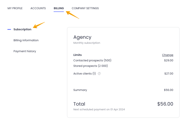 Woodpecker's Agency subscription billing screen showing the monthly plan broken into line items for contacted prospects ($29), stored prospects, and one active client ($27), totaling $56 with the next payment date shown