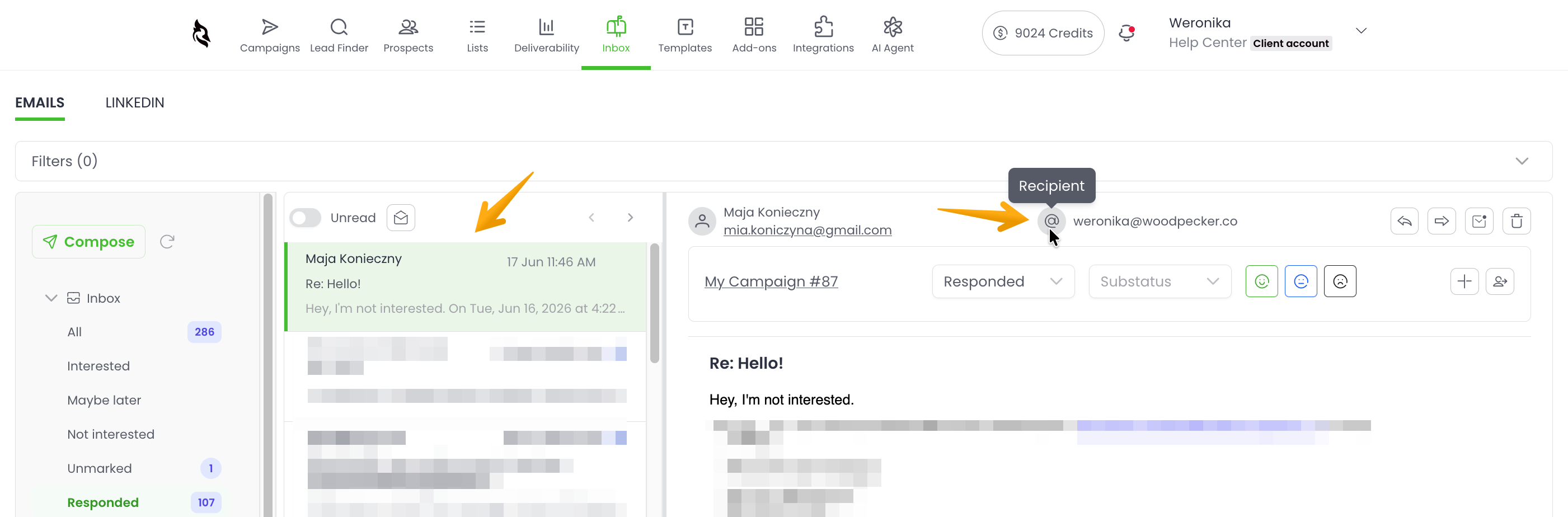 Woodpecker's centralized Inbox with an open reply thread, the connected mailbox address behind the Recipient icon, the source campaign name, a Responded status dropdown, sentiment icons, and a sidebar filtering replies into Interested, Maybe later, Not interested, Unmarked and Responded (107)