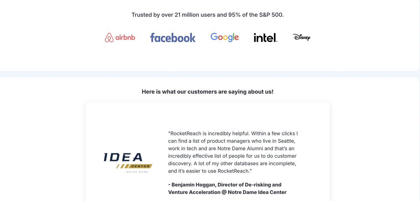 RocketReach's own site: 'Trusted by over 21 million users and 95% of the S&P 500', with Airbnb, Facebook, Google, Intel and Disney logos, plus a named customer quote from Benjamin Hoggan at Notre Dame's IDEA Center