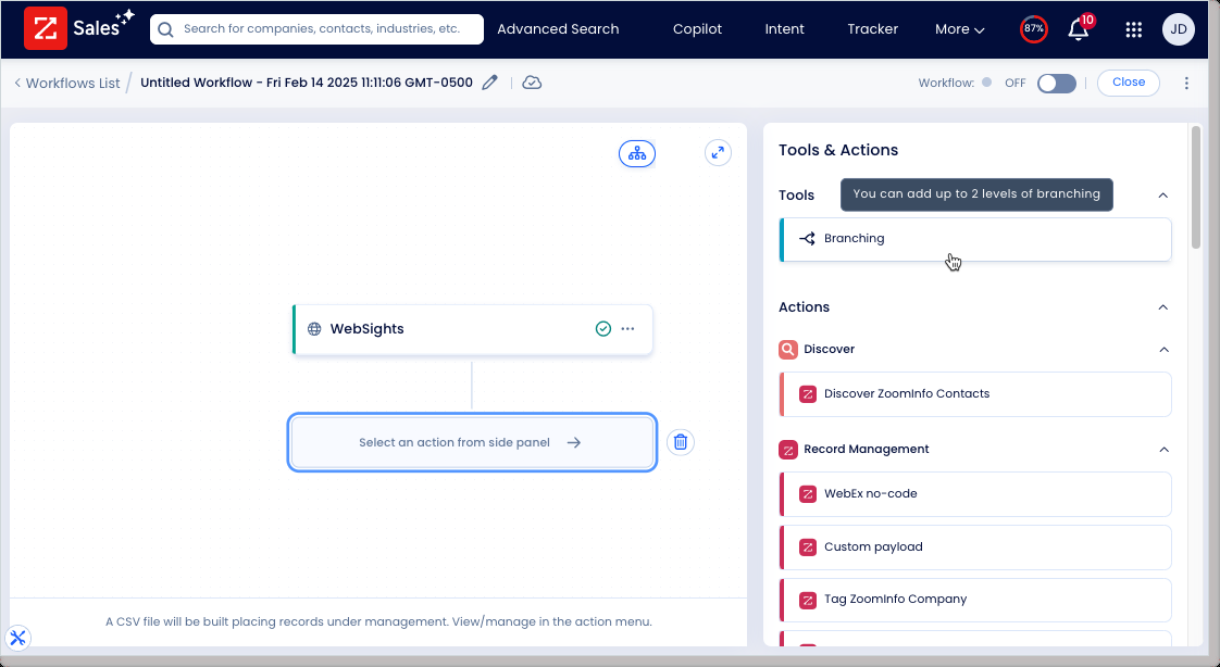 ZoomInfo Workflows visual builder showing conditional branching paths